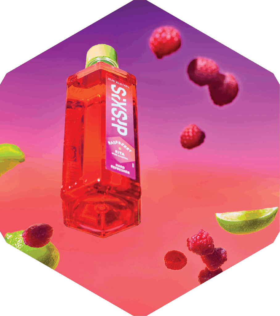 Sixsip product shot from the bottom up ona gradient background with raspberry and limes