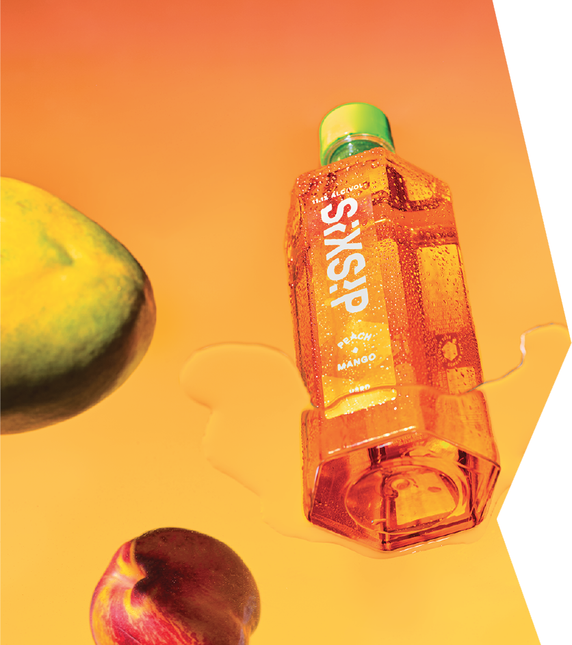 SixSip Hard Refresher Peach Mango product shot from the bottom up with condensation
