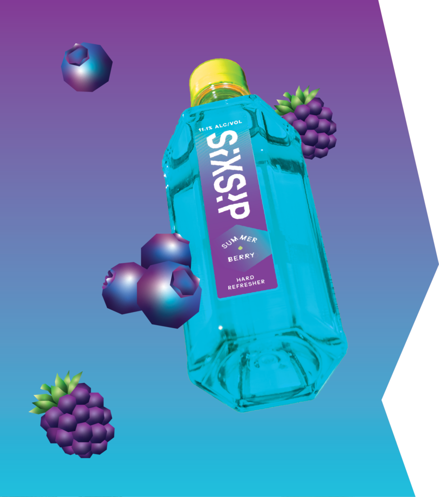 Bottle of sixsip summer berry with illustrated black berries and blue berries against gradient background