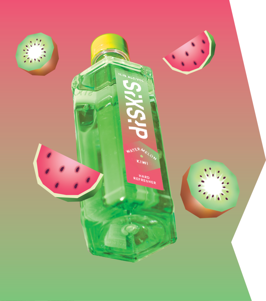 SixSip watermelon kiwi bottle with illustrated watermelon and kiwi fruit against gradient background